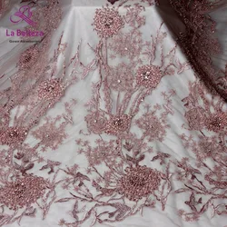 1yard New arrivels pink/black/blue heavy handmade beads on netting embroidery wedding dress lace fabric 130cm width