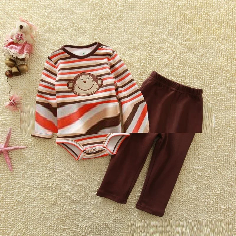 Monkey Newborn Clothes Sets Baby Outfits Boys Suits Sets Long Bodysuits Pant Stripe Jumpsuits Panties Set