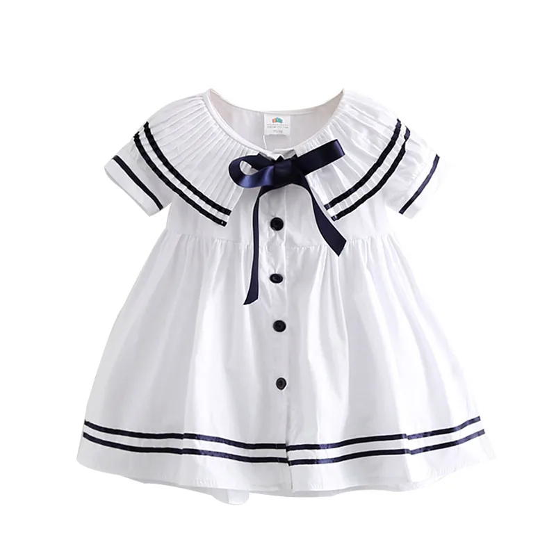 2024 Summer 2 3 4 5 6 8 10 Years Children Cute Short Sleeve Botton Bow Sailor Collar Patchwork Navy Blue Little Kids Girls Dress