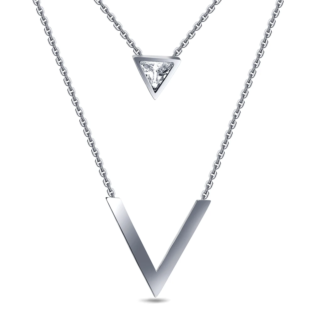 VQYSKO Gold-Color Double V Shape Necklace For Women Geometric Triange Cubic Zirconia Pendant & Necklace Trendy Collier