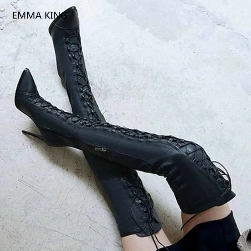 

2019 New Black Leather Women Over The Knee Boots Pointed Toe Sexy High Heels Roman Style Cross-Tied Shoes Woman Long Knight Boot