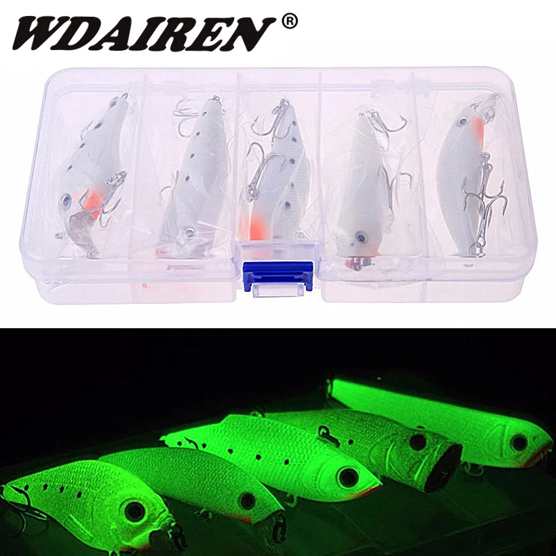 

5Pcs Fluorescence Fishing Lures Set box Mixed 5 Models Minnows Bait Artificial Make Bass Crankbaits Wobblers Fishing Tackle