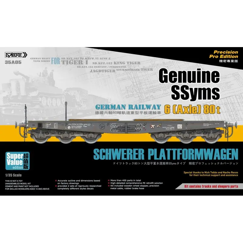 SABRE 35A05 1/35 German Railway Schwerer Plattformwagen Genuine SSyms 6(Axle) 80t - Scale Model Kit