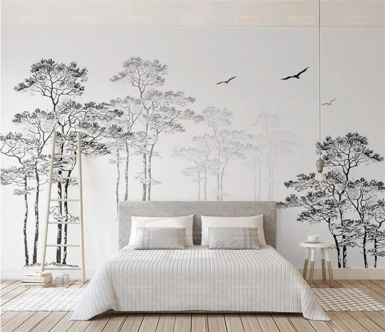 

Custom Wallpaper Home Decorative Mural Black & White Sketch Abstract Tree Flying Bird TV Background walls 3d wallpaper