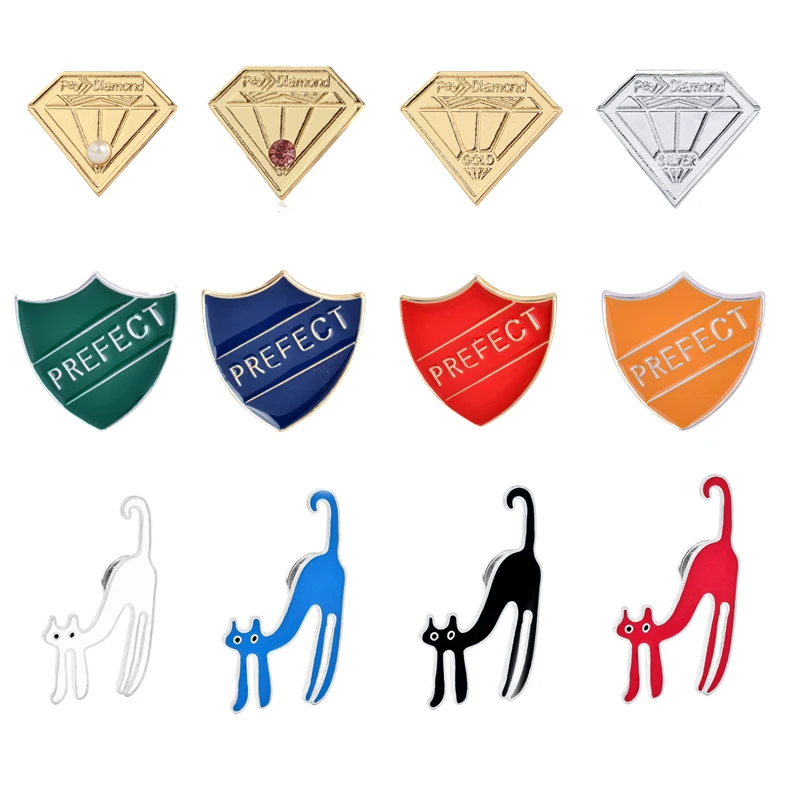 Fashion Creative Brooch Lapel Enamel Pin Cute Cat PREFECT Shield Denim Hat Women Badge Kid family Friend Jewelry Collection Gift