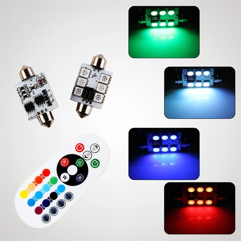 RGB 5050 6LED Festoon Map Dome Interior Light Lamp 41mm C5W Remote Control