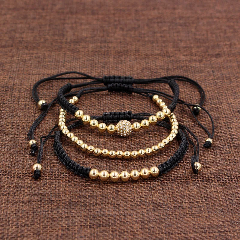 New Anil Arjandas Men Bracelets Bangle Set Jewelry 3Pcs/Sets 8mm Black CZ Ball 4/5mm Copper Beads Braiding Macrame Bracelet Sets