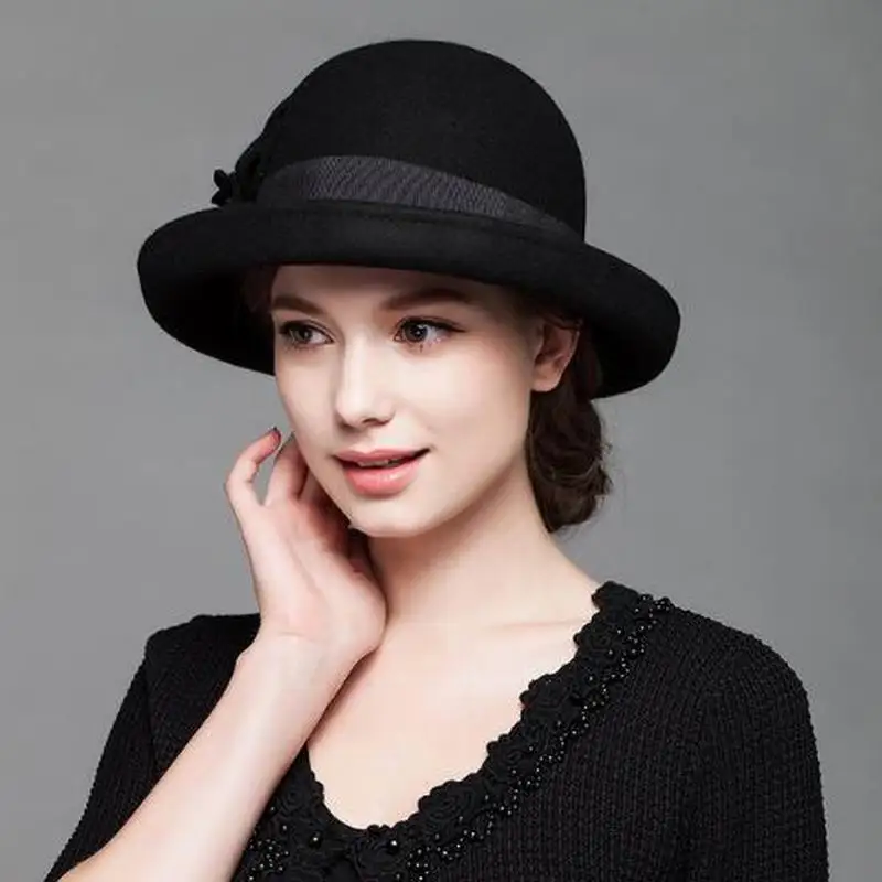 

Autumn Winter 100% Wool Fedoras Hat Black Flower Birm Protect Hat Warm Bowler Floppy Ladies Churh Cloche Hats