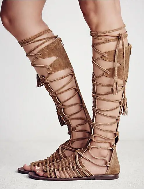 New Flat With Sandals Boots Woman Sexy Suede Knee High Lace-up Gladiator Boots Peep Toe Comfort Summer Casual Shoes Boots