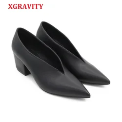 XGRAVITY primavera autunno europeo americano Sexy punta a punta scarpe eleganti Deep V Design donna calzature Chunky Lady zeppe scarpe calde