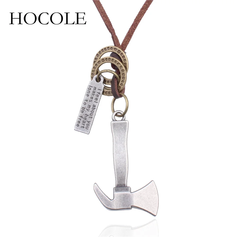 HOCOLE 2018 New Design AX Men Necklaces Brown Leather Chain Hatchet Pendant Necklace Male Jewelry Punk Style Gift For Boys Colar