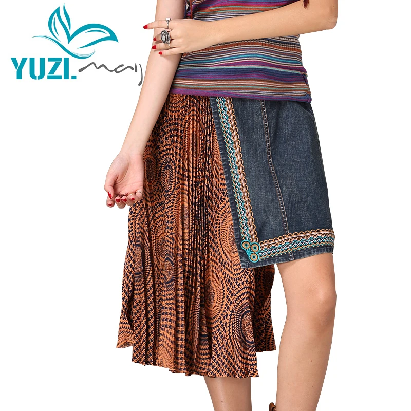 

Women's Skirt 2018 Yuzi.may Boho New Denim Chiffon Patchwork Saia Vintage Embroidery Asymmetrical Hem Women Skirts X2218 Saias