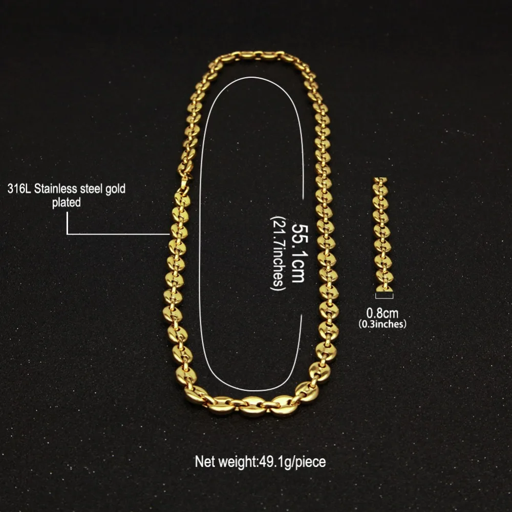 THE BLING KING 8mm Puffed Mariner Link Chain & Bracelet Set Gold silver color Hip Hop Punk Jewelry For Men 22.5cm and 55cm