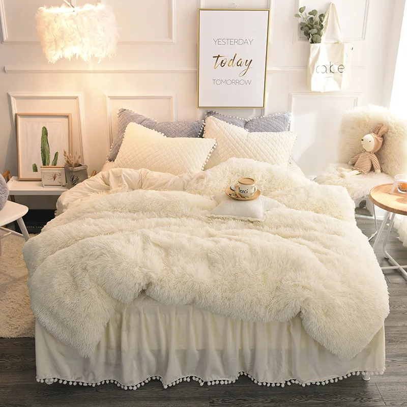 

100% Velvet Flannel Duvet Comforter Cover with Quilted Fringe Pillow cases Soft Mink Reversible Warm Fluffy Quilt 3pcs