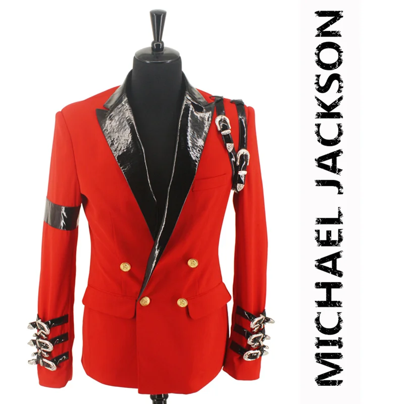 Cool MJ Michael Jackson BAD Casual Award Ceremony Red Suit Blazer Punk Buckle Cool Jacket XXS-4XL