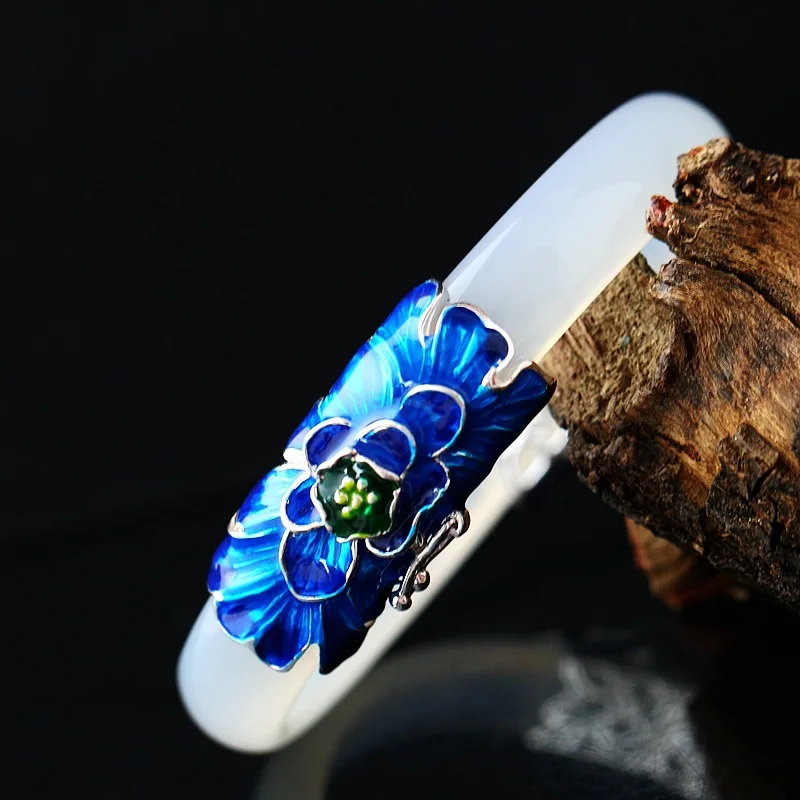 

Retro Silver Jewelry Wholesale Cloisonne Vintage S925 Sterling Silver Bangle Hand-Made Natural Chalcedony Silver Bangle