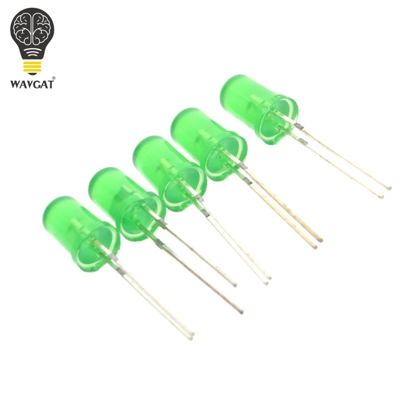 100PCS 5mm Diffused Green LED Diode DIP Round Wide Angle Through Hole 2 Pin LED Light Emitting Diode Lamp 520-535NM 1.8-2.0V