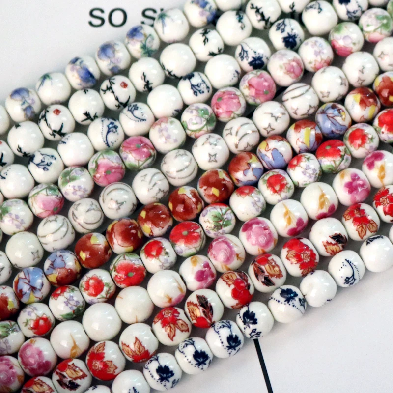 Hotsale 20pcs 8mm 10mm Handmade Round Ceramic Beads Flowers Design Porcelain Loose Beads For Jewelry Necklace Bracelet DIY Beads