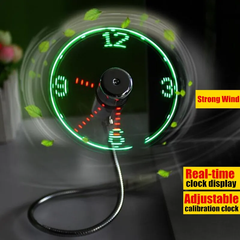 DIY USB Gadget Mini LED Light Flash Clock Fan Flexible Alloy Real-time Clock Display Cool Fan for PC&Laptop&Car&Mobile Power