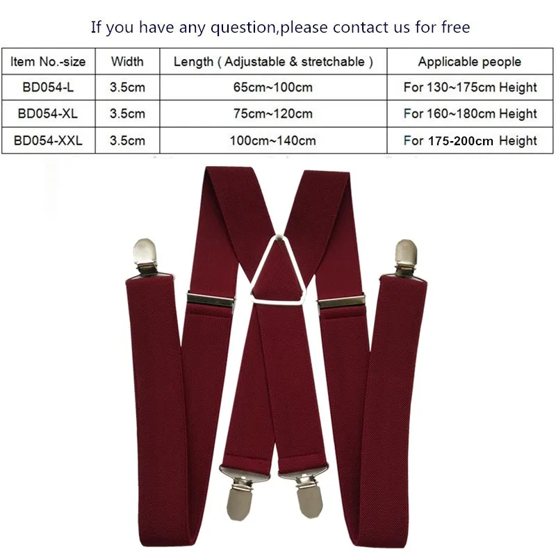 BD054-Plus حجم النبيذ الأحمر الرجال الحمالات 3.5 سنتيمتر عرض قابل للتعديل مرونة X الحمالة كليب على السراويل الأقواس النساء الكبار