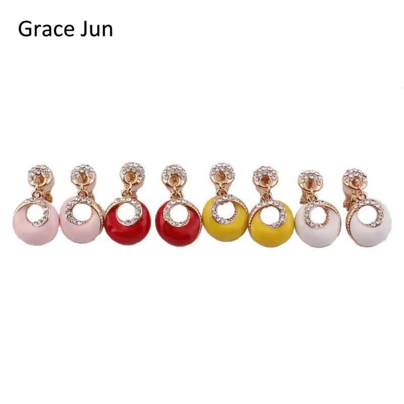 Grace Jun 4 Colors Choose Rhinestone Enamel Clip on Earrings Non Piercing for Women Fashion Cute Jewelry No Ear Hole Earrings