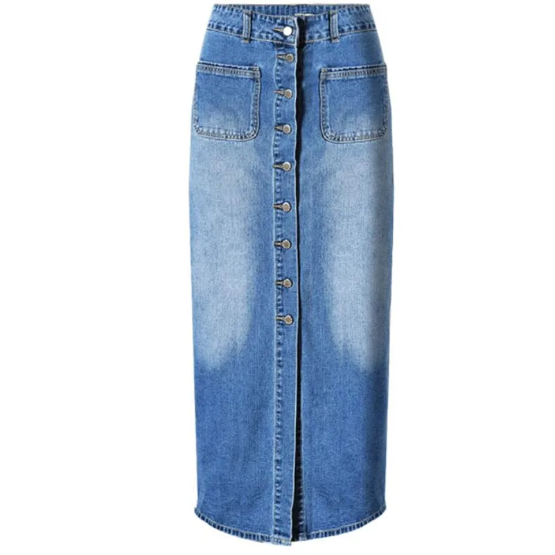 

Women Vintage Button High Waist Pencil Ankle-Length Denim Skirts Blue Slim Skirts Bleached Straight jeans Skirt r732