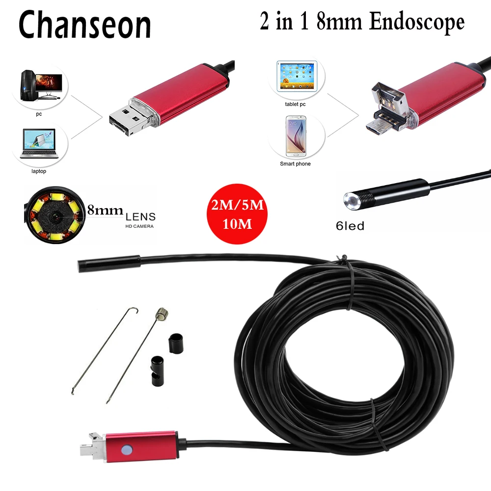 Chanseon 2 Trong 1 Cổng USB 2M 5M 10M Android Camera Nội Soi Kiểm Tra Android Borescope 8MM 6 Đèn Led USB Máy Tính Endoskop Camera