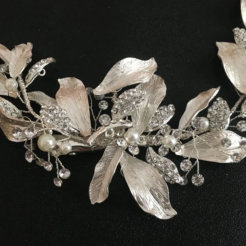 SLBRIDAL Handmade Silver Color Crystals Rhinestones Flower Leaf Wedding Hair Clip Barrettes Bridal Headpiece Hair accessories