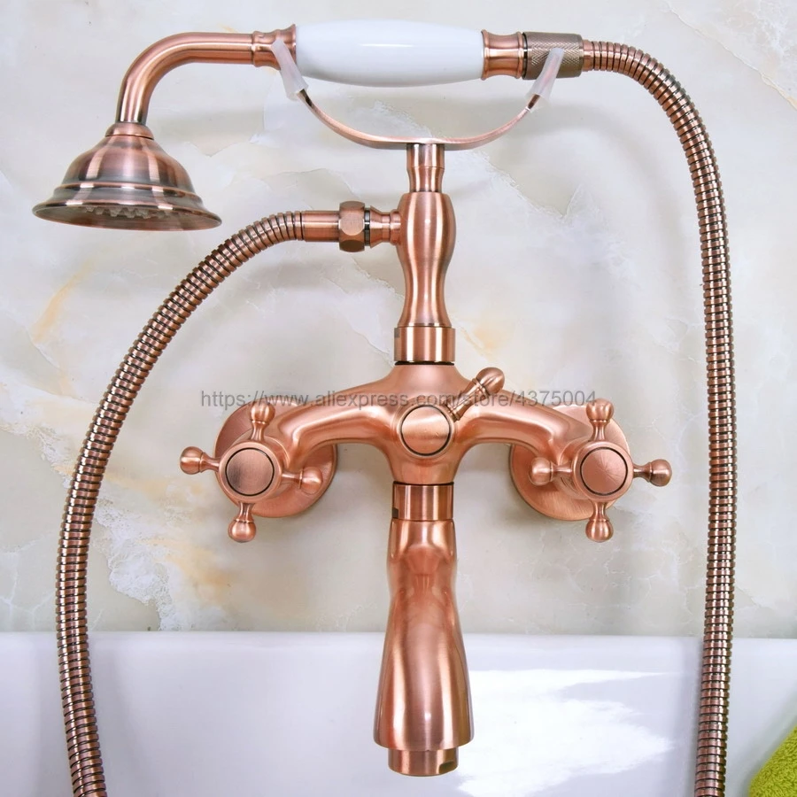 Wall mounted Dual Cross Handles Antique Red Copper Bathroom Tub Faucet with Hand Held Shower Sprayer Nna321