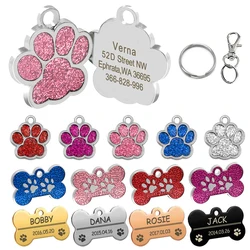 Etiquetas personalizadas grabadas para perro, colgante con nombre de identificación para gato y cachorro, accesorios para mascotas con purpurina de hueso/pata