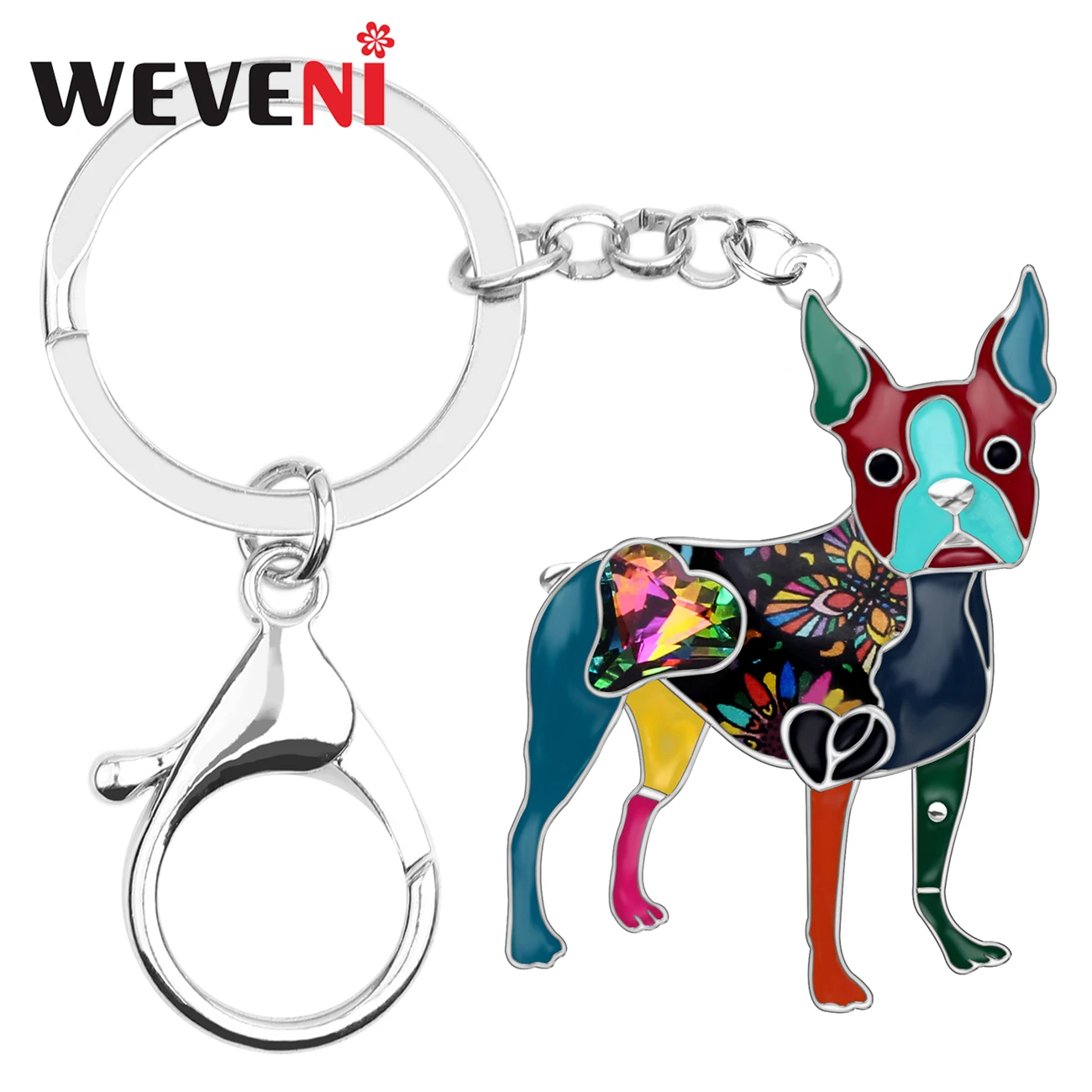 WEVENI Enamel Alloy Rhinestone Boston Terrier Dog Key Chain Keychain Ring Fashion Animal Jewelry For Women Girls Bag Charms Gift