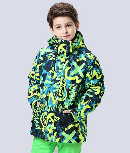 

Kids Ski Jacket Green Yellow Doodle Teenage Children Outdoor Sports Coat Boys Snowboard Cycling Snow Parka Waterproof Thermal