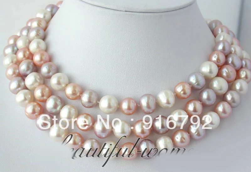 

free shipping 50" 8-9mm pink white purple round freshwater pearl necklace silver