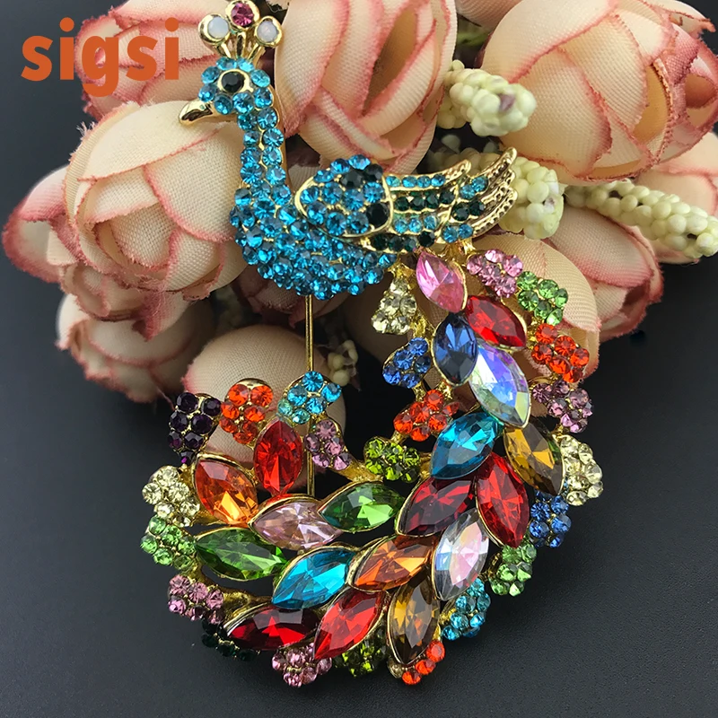 

Rhinestone blue peacock brooch, crystal animal peacock bird pin