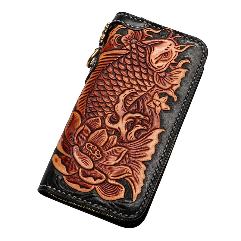 Women Men Genuine Leather Wallets Carving Carp Lotus Hand Sewing Zipper Bag Purses Long Clutch Vegetable Tanned Leather Wallet