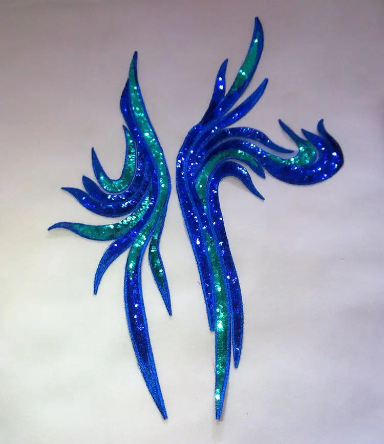 15*50-20*55cm Large Golden & Blue Paillette Sequin Embroidery Phoenix Peacock Feather Sew-on Patch Applique For Clothes DIY