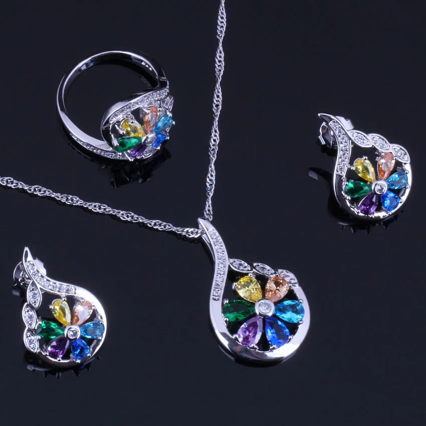 Flower Multigem Multicolor Cubic Zirconia Silver Plated Jewelry Sets Earrings Pendant Chain Ring V0319