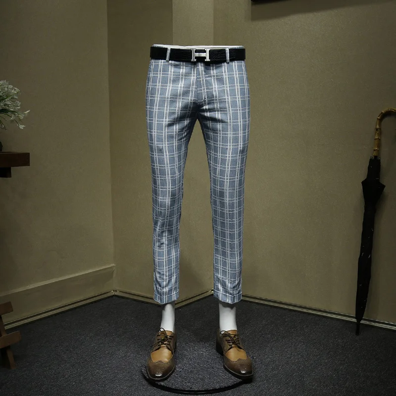 men pants 25% cotton 10% linen blue plaid cropped pants slim fit mens suits pant streetwear summer new arrivals wedding groom