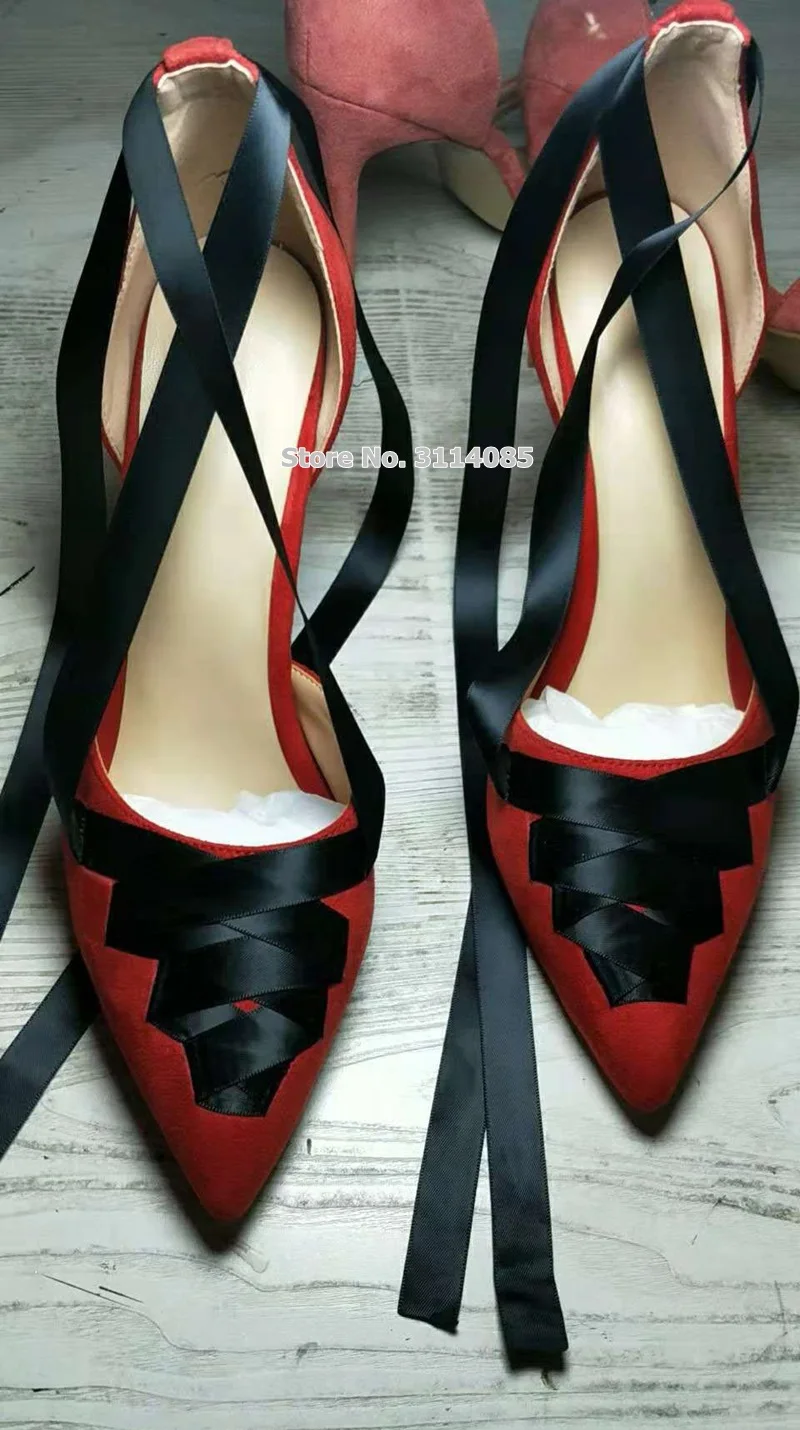 Women Elegant Red Suede Black Ribbon Mixed Color Dress Pumps Stiletto Heel Pointed Toe Shoe Cross Strappy Lace-up Wedding Shoes