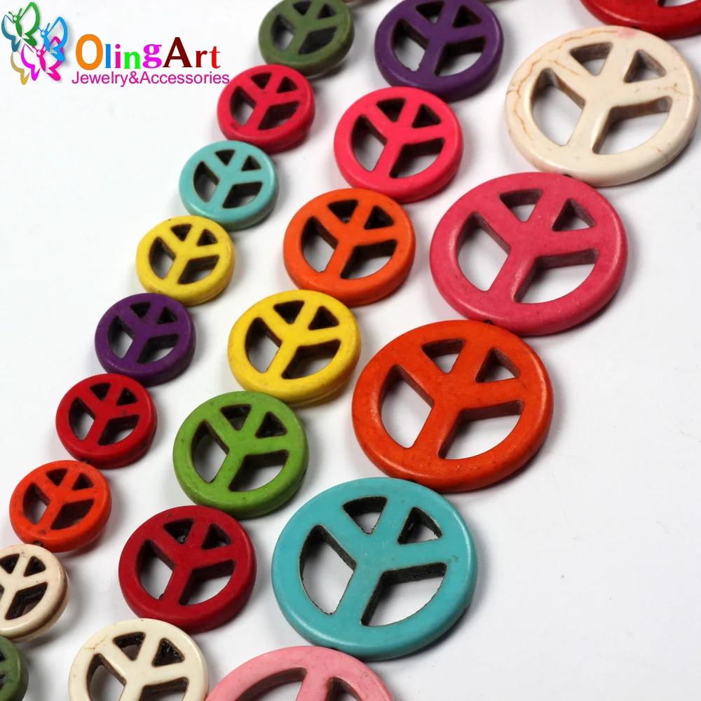 OlingArt 15/20/25/30mm Loose Stone Beads Round Mixed Multicolor Peace Mark Bracelet Necklace DIY Jewelry Making