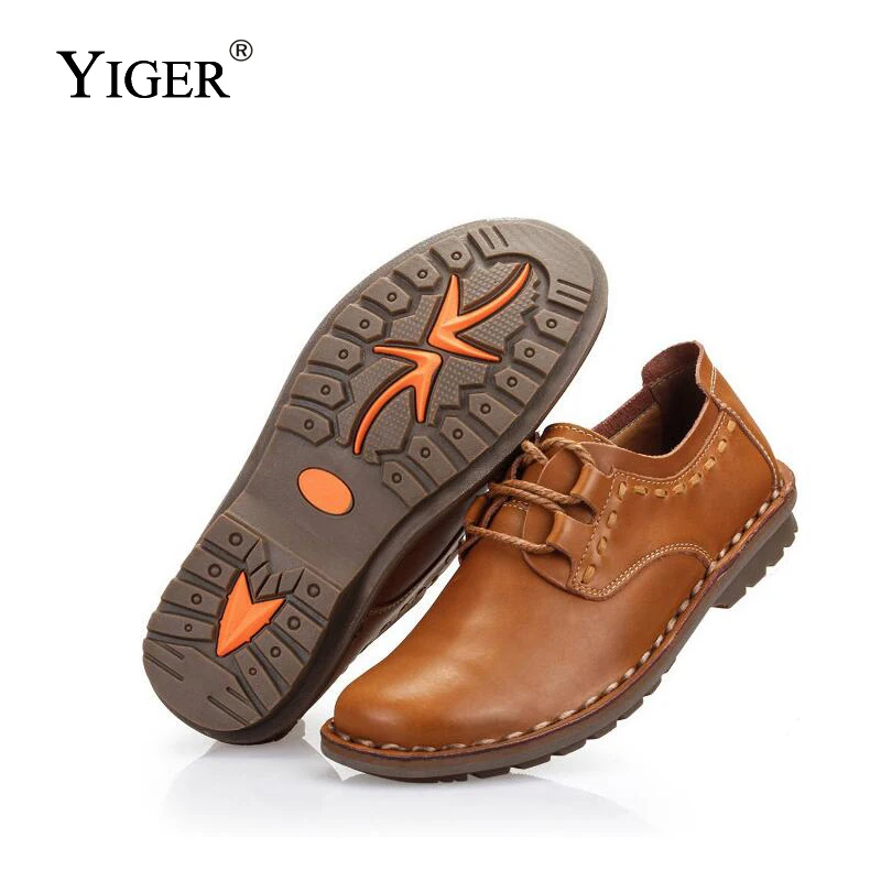 YIGER New Men Casual business shoes male lace-up shoes genuine leather men's Breathable leisure shoes non-slip handmade  2022