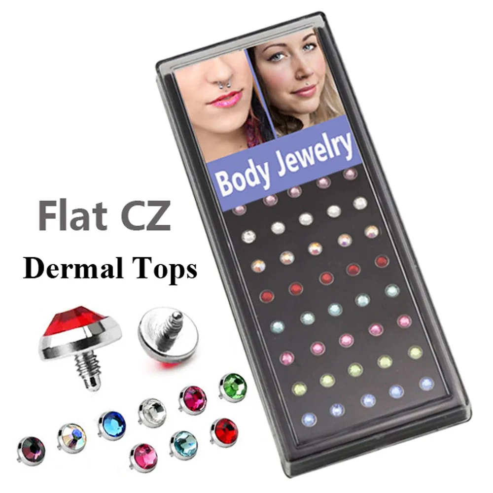 

40piece/box Flat CZ Crystal Dermal Anchor Tops with 16g Thread Skin Piercing Jewelry mixed colors