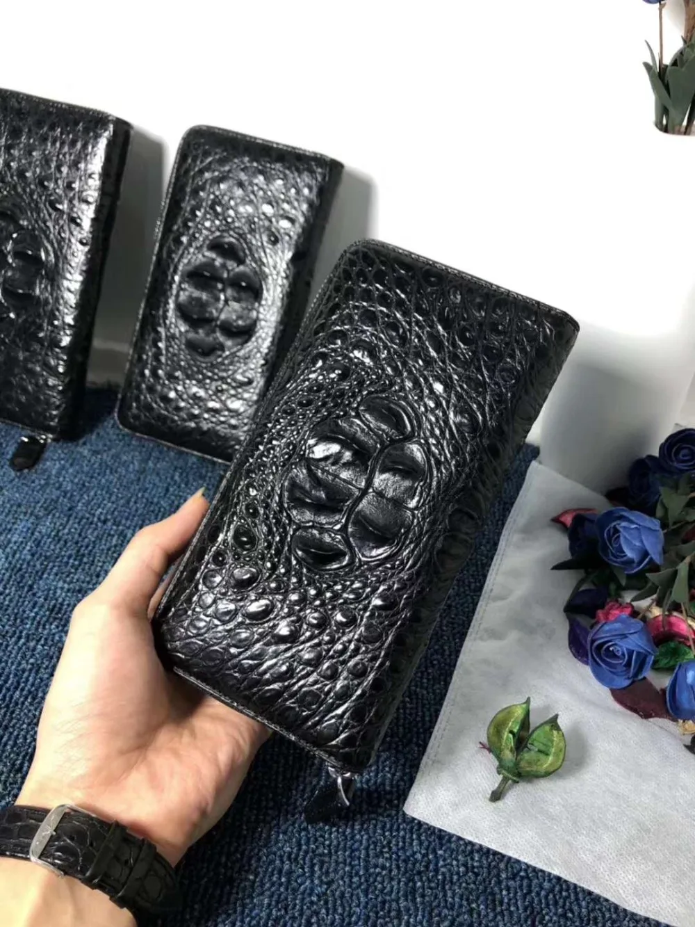 

100% genuine crocodile leather skin wallet and purse alligator head skin black color long size men zipper wallet top solid