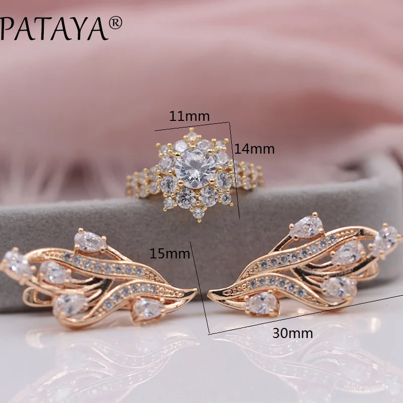 PATAYA New 585 Rose Gold Color Original Design Women Luxury Jewelry White Water Drop Leaf Natural Zircon Big Earrings Rings Sets