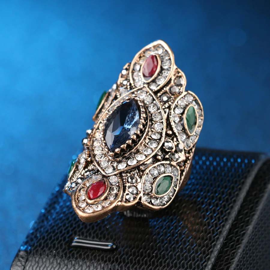 Punk Rock Vintage Wedding Rings For Women Color Antique Gold Unique Crystal Resin Big Ring Turkey Jewellery Christmas Gift