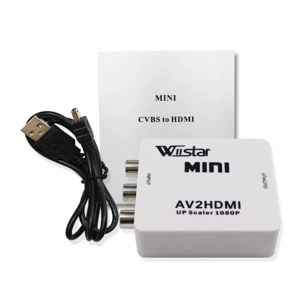 

Mini AV/CVBS to HDMI Video Audio Converter Adapter Support Upscaler Up to 1080P Support PAL NTSC with USB Charge Cable for Xbox