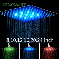 YANKSMART 8 / 10 /12 / 16 /20 / 24 Inch Bathroom Shower Head Chrome LED Square Rainfall Wall Ceiling Mount 3 Color Changing Head