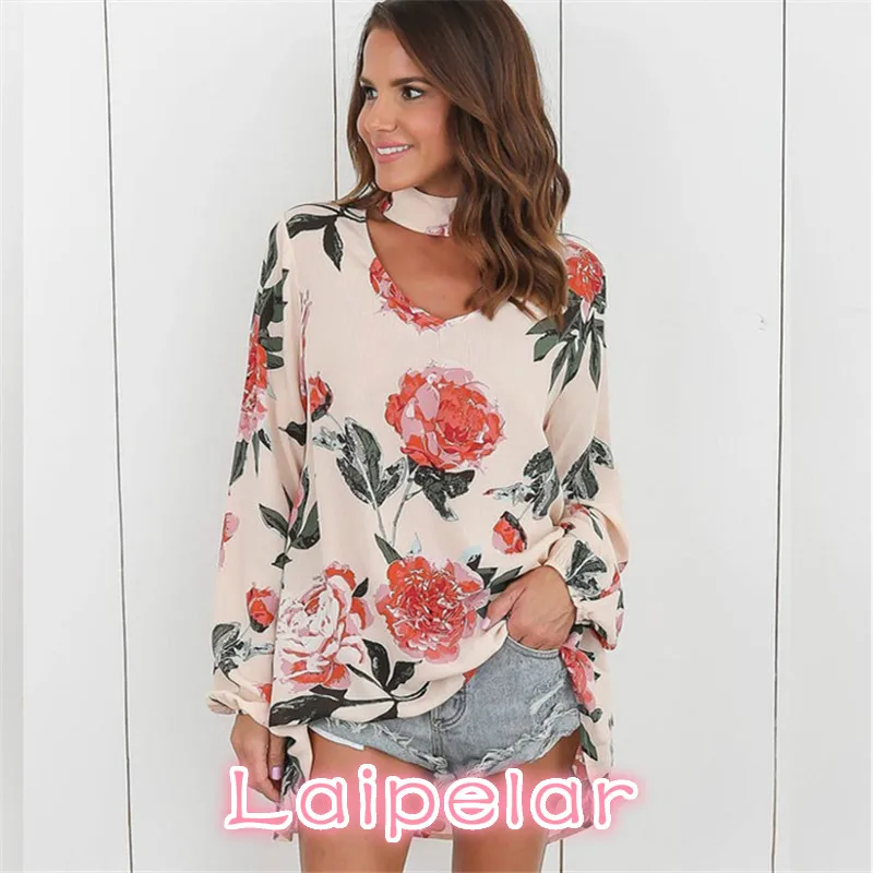 

Women Chiffon Blouse Sexy Summer Floral Print Choker V-Neck Blouse Casual Long Sleeve Blouse Shirt Loose Tops Plus Size Blusas