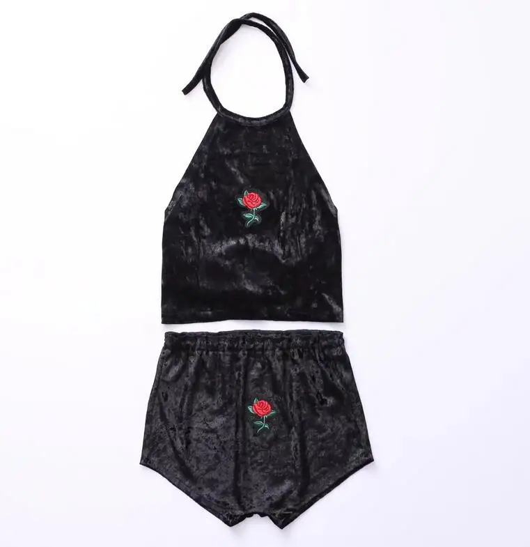 4 Colors Sexy Women Rose Embroidery Velvet 2 Two piece set 2018 New Halter Tank Camis Crop Top with Brief Panties Sets Outfit