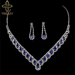 TREAZY 2024 New Royal Blue Crystal Bridal Jewelry Sets Rhinestone Statement Choker Necklace Earrings Women Wedding Jewelry Sets